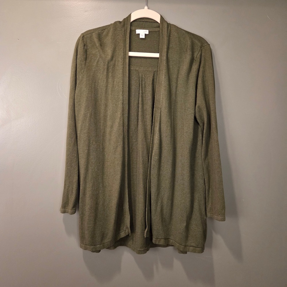 J. Jill Open Front Cardigan Size M Green Linen Blend Lightweight Sweater